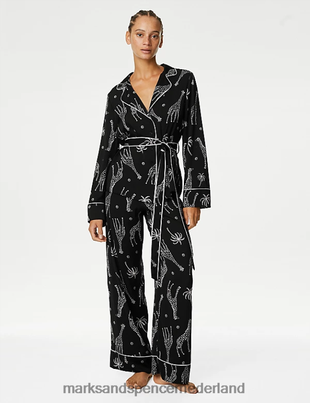 Marks & Spencer unisex droom satijnen pyjamaset met giraffeprint zwarte mix lingerie N8VZP3406