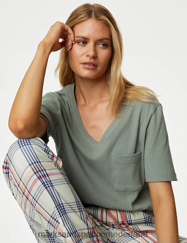 Marks & Spencer unisex katoenrijke geruite pyjamaset stoffig groen lingerie N8VZP3331