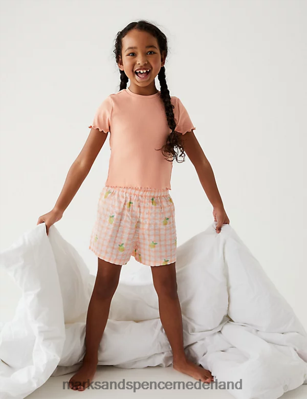 Marks & Spencer unisex katoenrijke korte pyjamaset met citroenruitjes oranje mengsel lingerie N8VZP9444