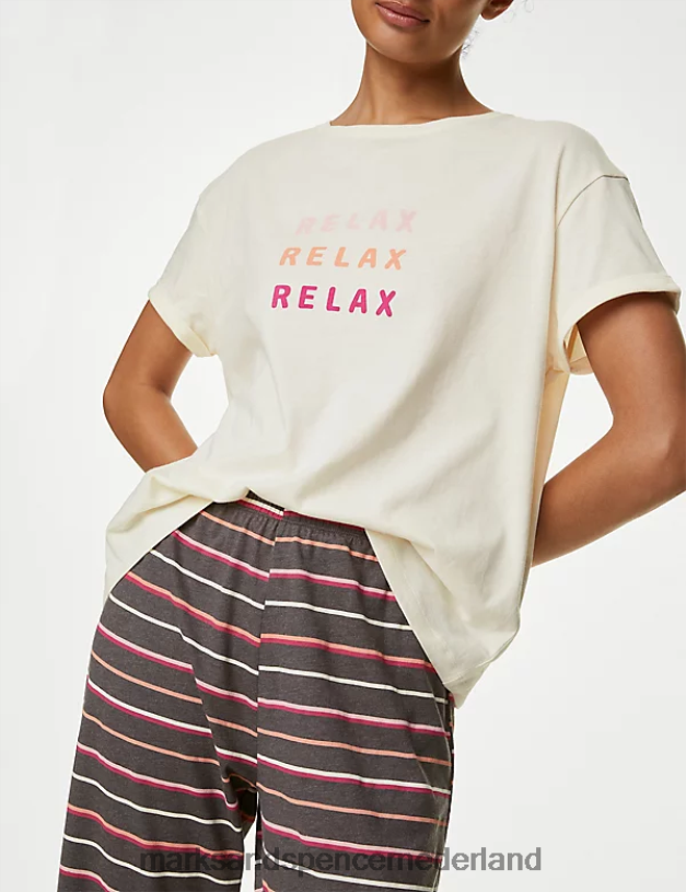 Marks & Spencer unisex katoenrijke, relaxte pyjamaset met slogan ivoor mix lingerie N8VZP3334