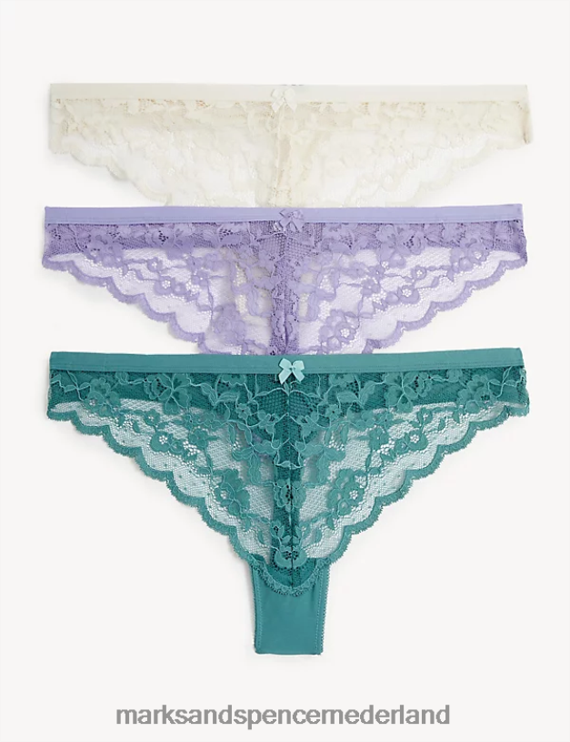 Marks & Spencer unisex 3 stuks all-over kanten strings antiek groen lingerie N8VZP4556
