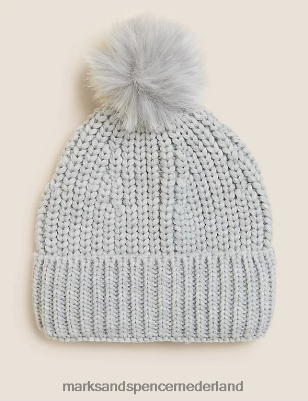 Marks & Spencer vrouwen gebreide muts met pompon van imitatiebont grijs accessoires N8VZP3166