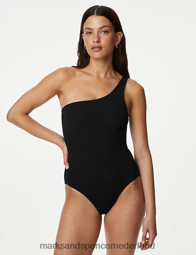 Marks & Spencer vrouwen Badpak met één schouder en textuur zwart badkleding en strandkleding N8VZP2123