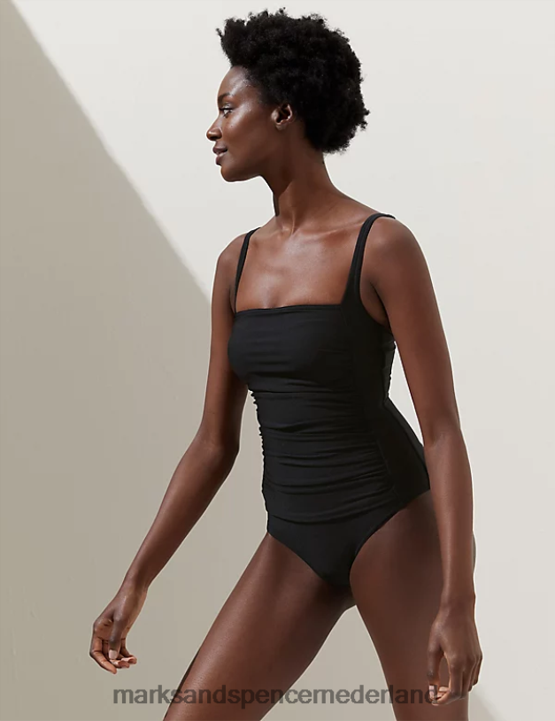 Marks & Spencer vrouwen Badpak met vierkante hals en ruches met controle over de buik zwart badkleding en strandkleding N8VZP2993