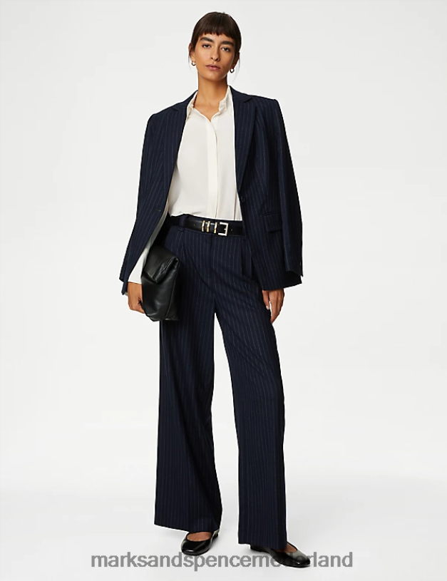 Marks & Spencer vrouwen Broek met wijde pijpen en krijtstreep van een wolmix donker marineblauw mix kleding N8VZP692