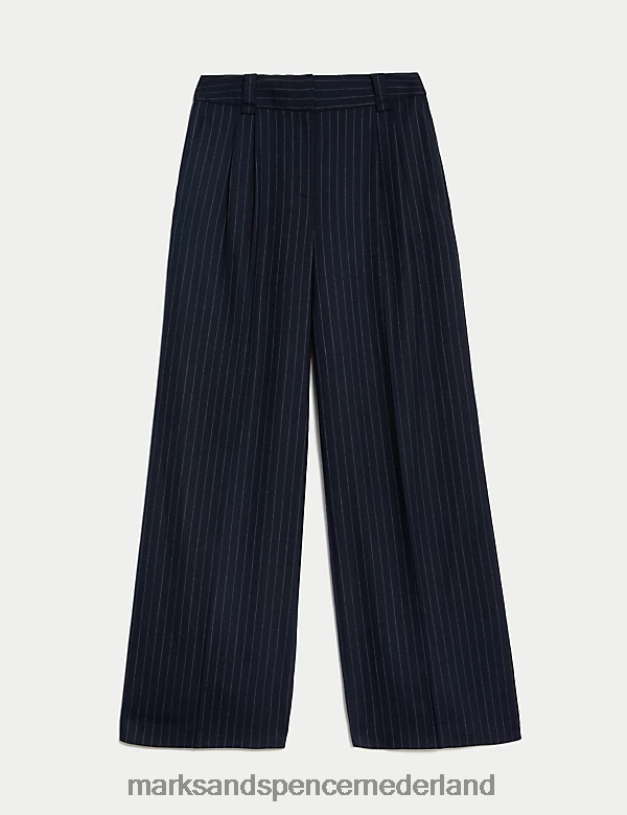 Marks & Spencer vrouwen Broek met wijde pijpen en krijtstreep van een wolmix donker marineblauw mix kleding N8VZP692