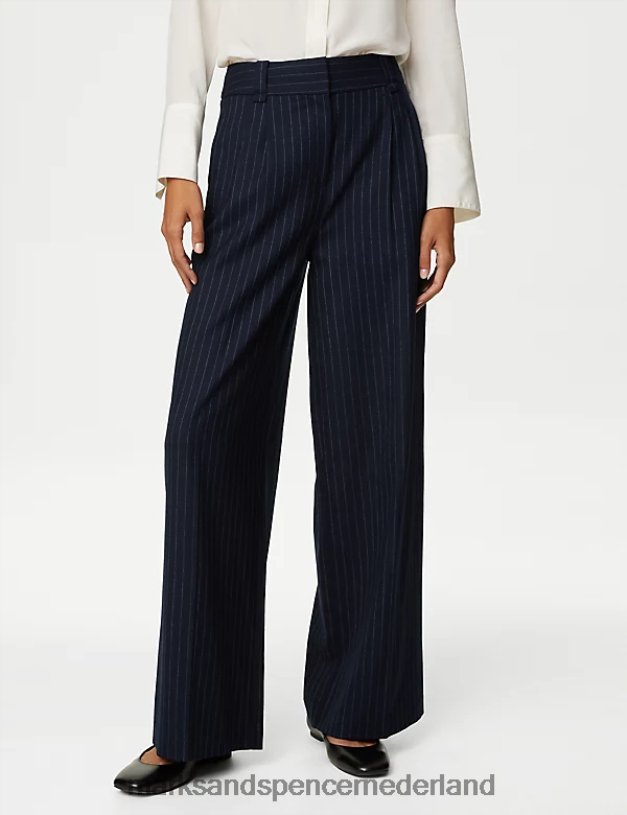Marks & Spencer vrouwen Broek met wijde pijpen en krijtstreep van een wolmix donker marineblauw mix kleding N8VZP692