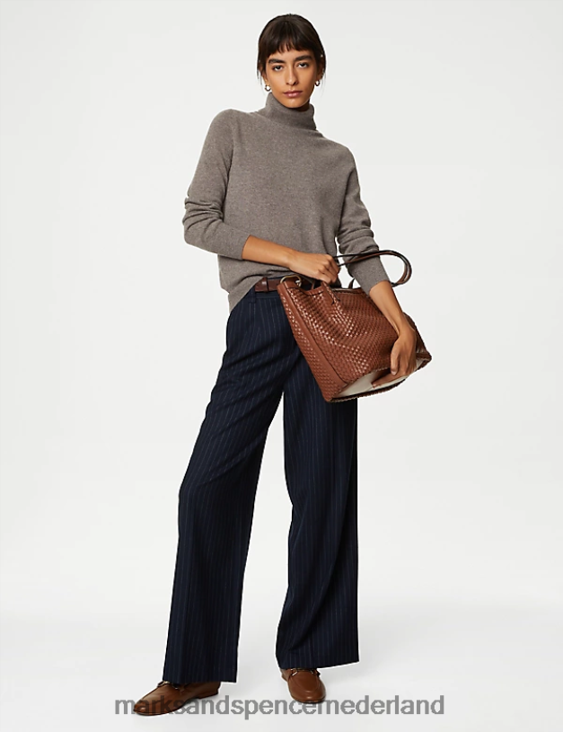 Marks & Spencer vrouwen Broek met wijde pijpen en krijtstreep van een wolmix donker marineblauw mix kleding N8VZP692