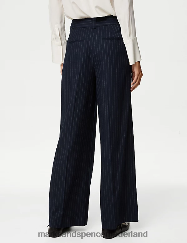 Marks & Spencer vrouwen Broek met wijde pijpen en krijtstreep van een wolmix donker marineblauw mix kleding N8VZP692