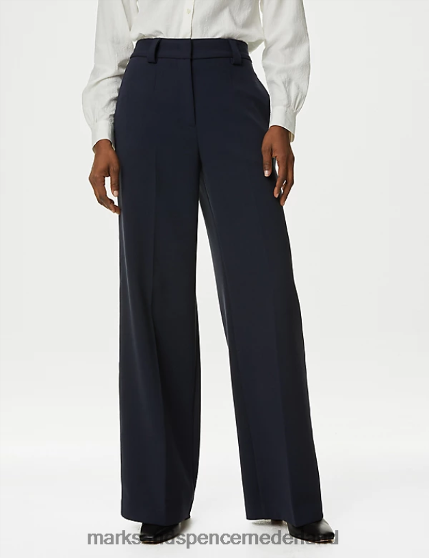 Marks & Spencer vrouwen Broek met wijde pijpen van crêpe met tabdetail donker marine kleding N8VZP16