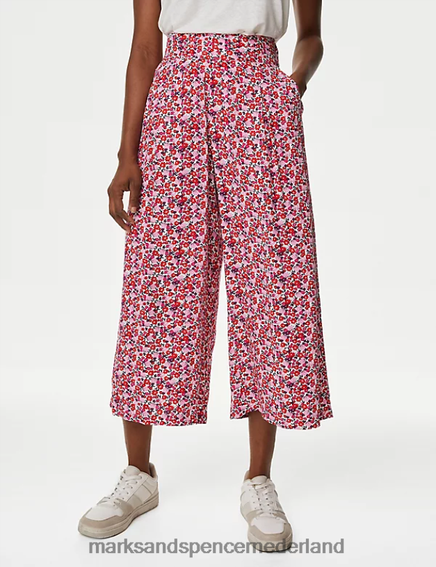 Marks & Spencer vrouwen Cropped broek met wijde pijpen en print roze mix kleding N8VZP2744