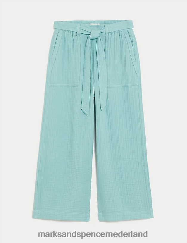 Marks & Spencer vrouwen Cropped broek van puur katoen met wijde pijpen zee groen kleding N8VZP2971