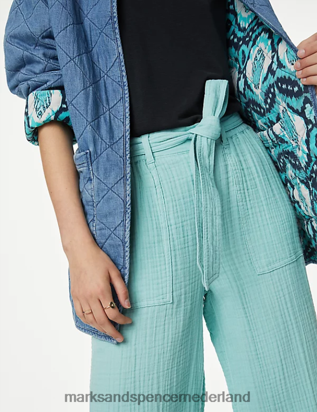 Marks & Spencer vrouwen Cropped broek van puur katoen met wijde pijpen zee groen kleding N8VZP2971