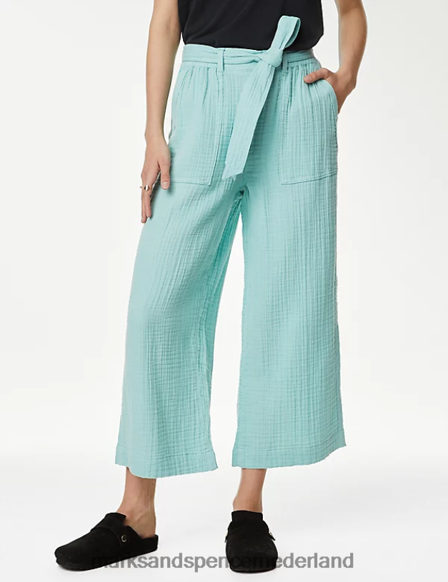 Marks & Spencer vrouwen Cropped broek van puur katoen met wijde pijpen zee groen kleding N8VZP2971