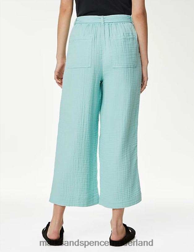 Marks & Spencer vrouwen Cropped broek van puur katoen met wijde pijpen zee groen kleding N8VZP2971