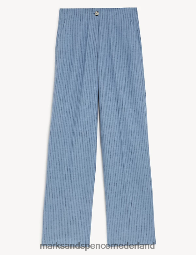 Marks & Spencer vrouwen Gestreepte broek met wijde pijpen van een linnenmix blauw mengsel kleding N8VZP2303