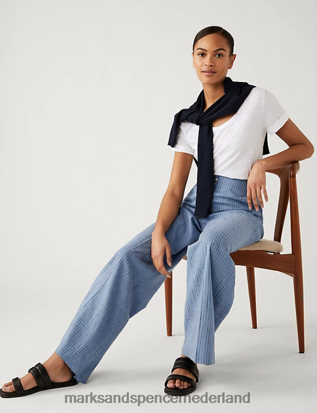Marks & Spencer vrouwen Gestreepte broek met wijde pijpen van een linnenmix blauw mengsel kleding N8VZP2303