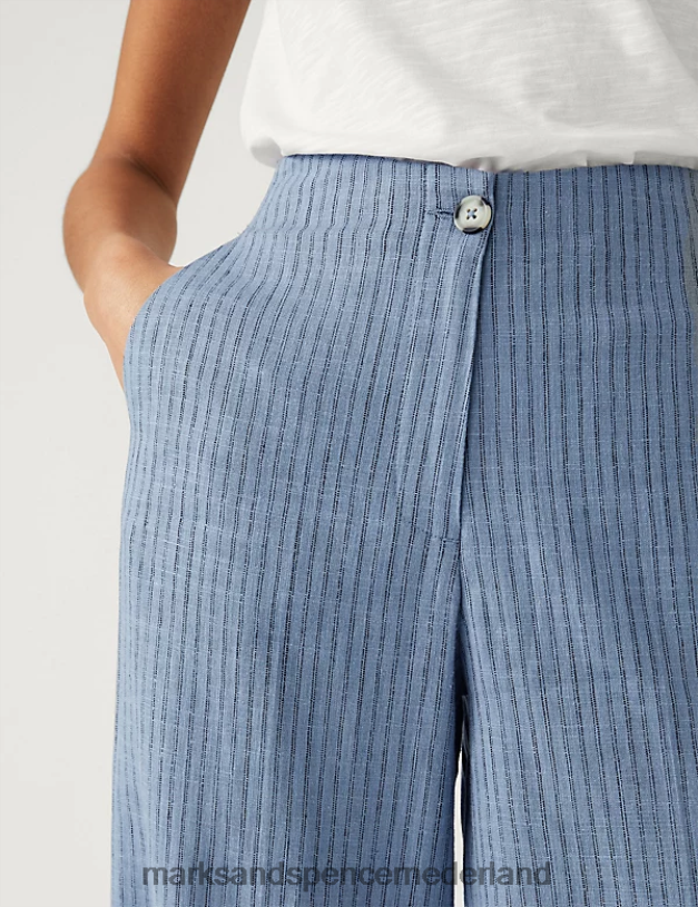 Marks & Spencer vrouwen Gestreepte broek met wijde pijpen van een linnenmix blauw mengsel kleding N8VZP2303
