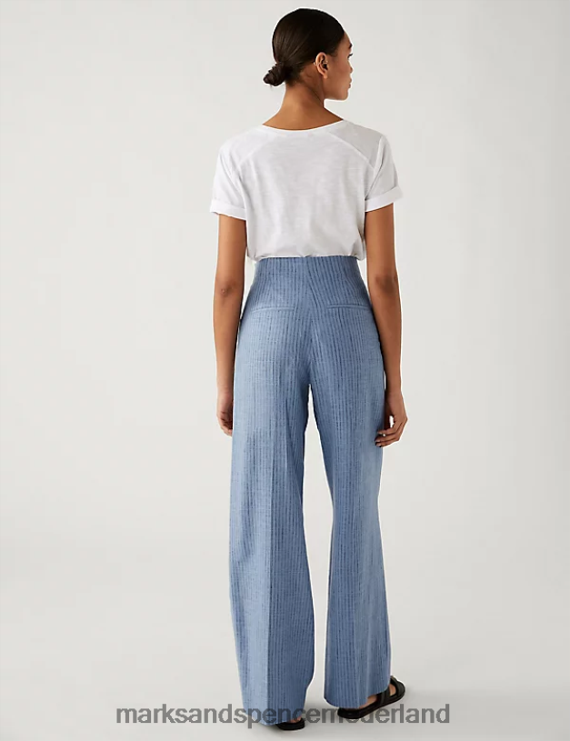 Marks & Spencer vrouwen Gestreepte broek met wijde pijpen van een linnenmix blauw mengsel kleding N8VZP2303