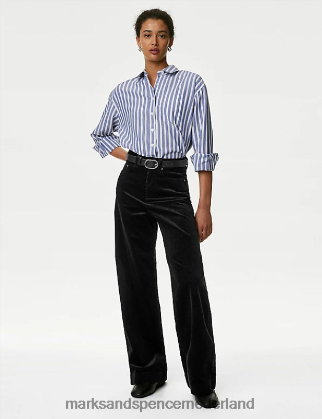 Marks & Spencer vrouwen Katoenrijke corduroy broek met wijde pijpen zwart kleding N8VZP2545