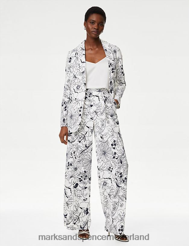 Marks & Spencer vrouwen Satijnen twill broek met wijde pijpen en bloemen ivoor mix kleding N8VZP1685