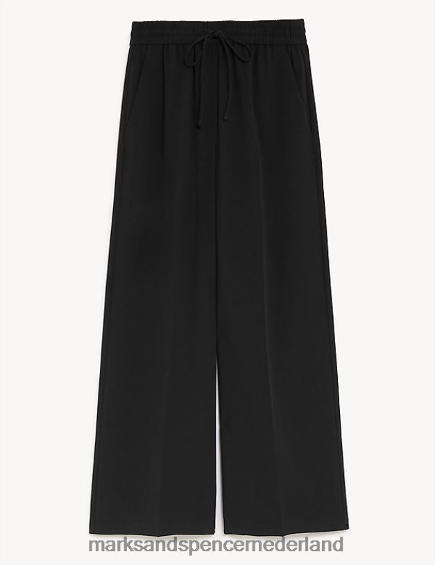 Marks & Spencer vrouwen broek van crêpe met trekkoord en wijde pijpen zwart kleding N8VZP650