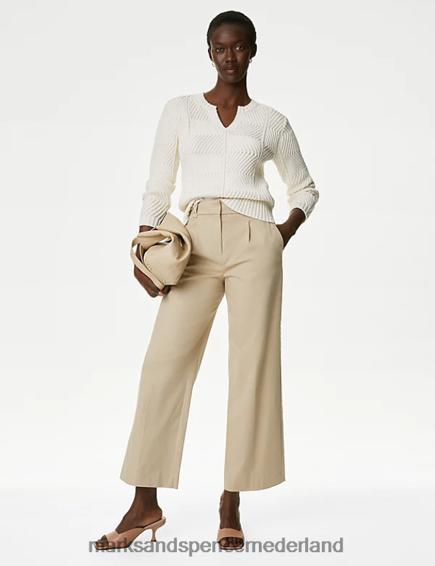 Marks & Spencer vrouwen katoenrijke chino met plooien aan de voorkant en wijde pijpen licht beige kleding N8VZP574