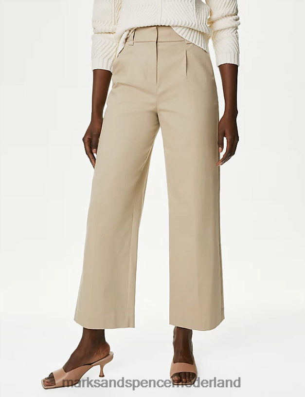 Marks & Spencer vrouwen katoenrijke chino met plooien aan de voorkant en wijde pijpen licht beige kleding N8VZP574