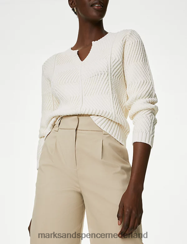 Marks & Spencer vrouwen katoenrijke chino met plooien aan de voorkant en wijde pijpen licht beige kleding N8VZP574