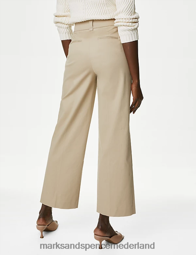 Marks & Spencer vrouwen katoenrijke chino met plooien aan de voorkant en wijde pijpen licht beige kleding N8VZP574