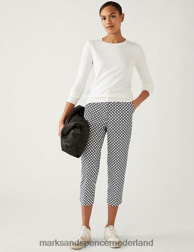 Marks & Spencer vrouwen katoenrijke geometrische slim-fit broek marine mix kleding N8VZP3128