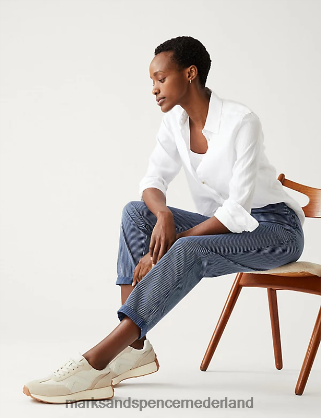 Marks & Spencer vrouwen katoenrijke gestreepte slim-fit chino marine mix kleding N8VZP1004