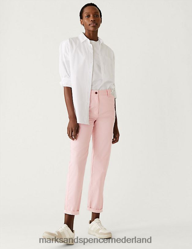 Marks & Spencer vrouwen katoenrijke gestreepte slim-fit chino roze mix kleding N8VZP1005