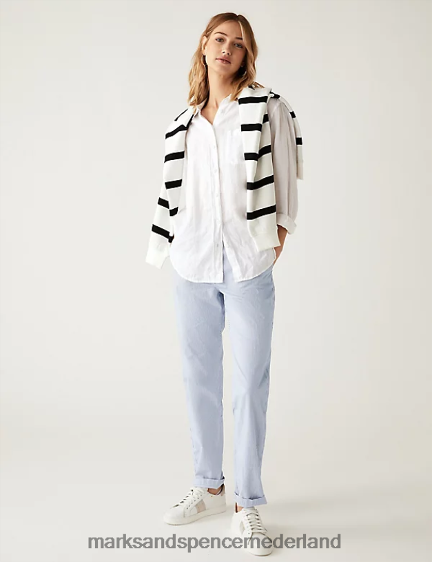 Marks & Spencer vrouwen katoenrijke gestreepte slim-fit chino witte mix kleding N8VZP607