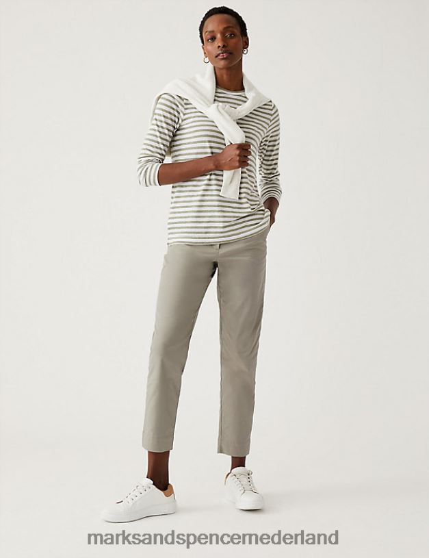 Marks & Spencer vrouwen katoenrijke, taps toelopende chino zacht kaki kleding N8VZP858