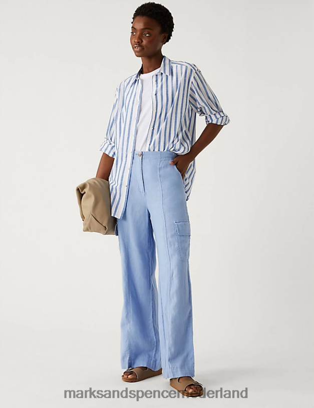 Marks & Spencer vrouwen puur linnen cargobroek middelblauw kleding N8VZP2998