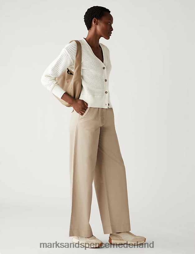 Marks & Spencer vrouwen slouchy chino met wijde pijpen van zuiver katoen zand kleding N8VZP2194