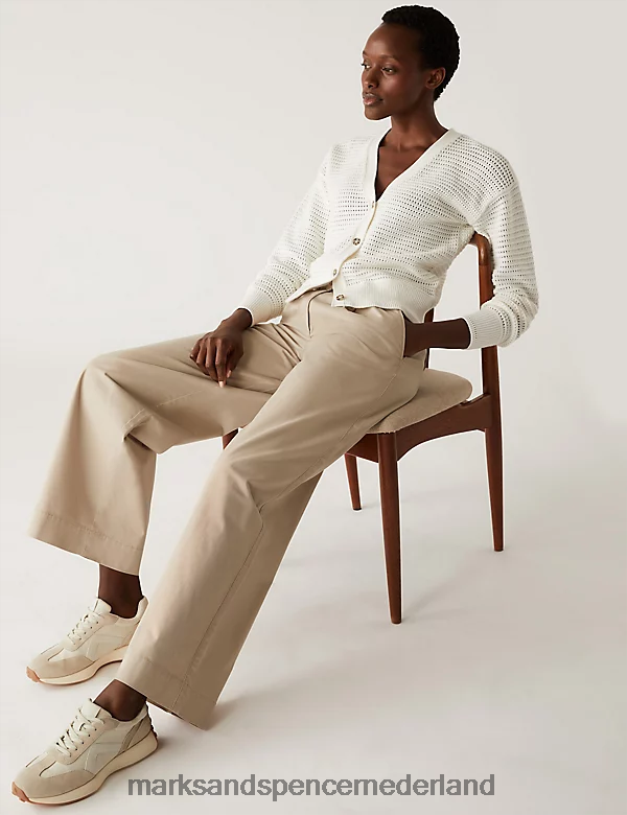 Marks & Spencer vrouwen slouchy chino met wijde pijpen van zuiver katoen zand kleding N8VZP2194