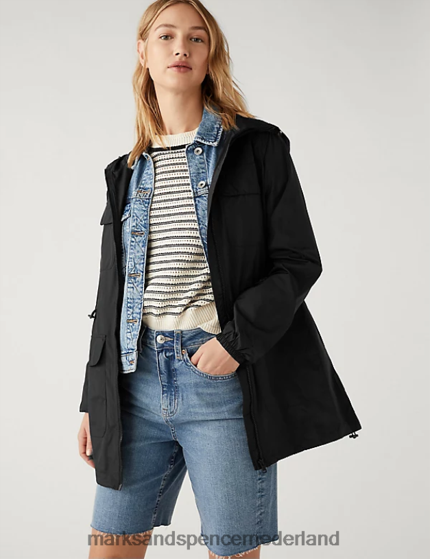 Marks & Spencer vrouwen Gerecyclede, regenbestendige regenjas met capuchon zwart kleding N8VZP2239