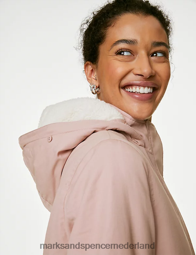 Marks & Spencer vrouwen Katoenrijke parkajas met borgvoering en capuchon roze afgestoft kleding N8VZP159