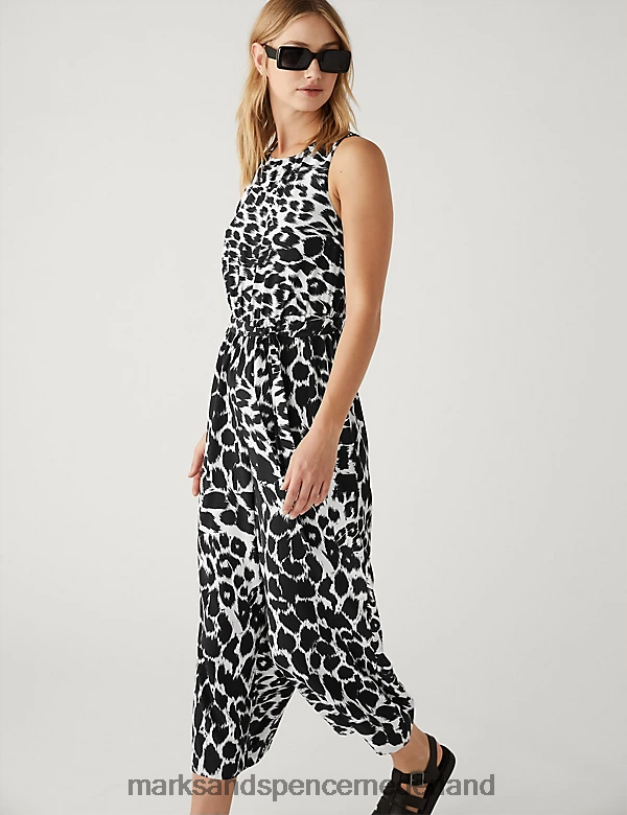 Marks & Spencer vrouwen Cropped getailleerde jumpsuit met print en riem zwarte mix kleding N8VZP2012