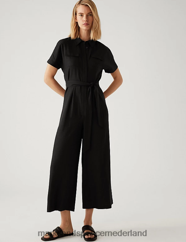 Marks & Spencer vrouwen Cropped jumpsuit van linnenmix met riem zwart kleding N8VZP2935