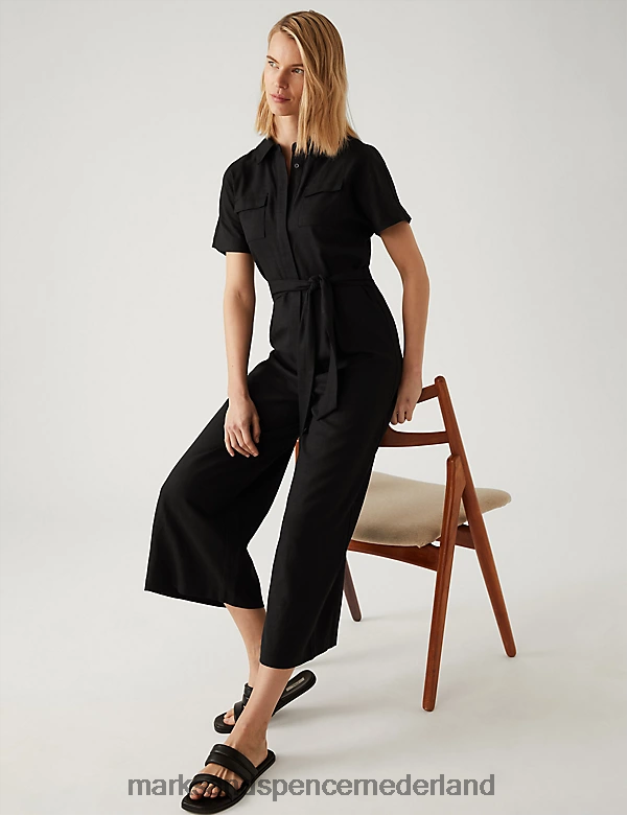 Marks & Spencer vrouwen Cropped jumpsuit van linnenmix met riem zwart kleding N8VZP2935