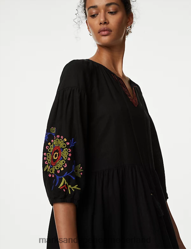 Marks & Spencer vrouwen Geborduurde midi-strandjurk van linnenmix zwart kleding N8VZP1739