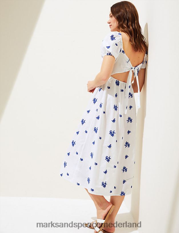 Marks & Spencer vrouwen Geborduurde midi-strandjurk van puur katoen witte mix kleding N8VZP215