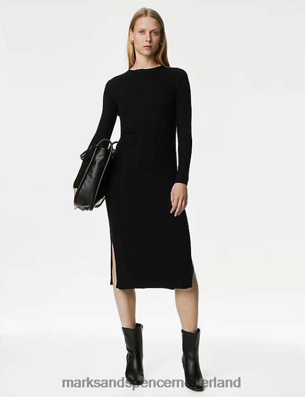 Marks & Spencer vrouwen Gebreide, geribde midi-jurk met ronde hals zwart kleding N8VZP1400