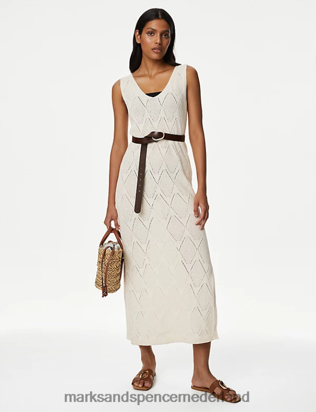 Marks & Spencer vrouwen Gebreide jurk met V-hals, rijk aan katoen en structuur ivoor kleding N8VZP2436
