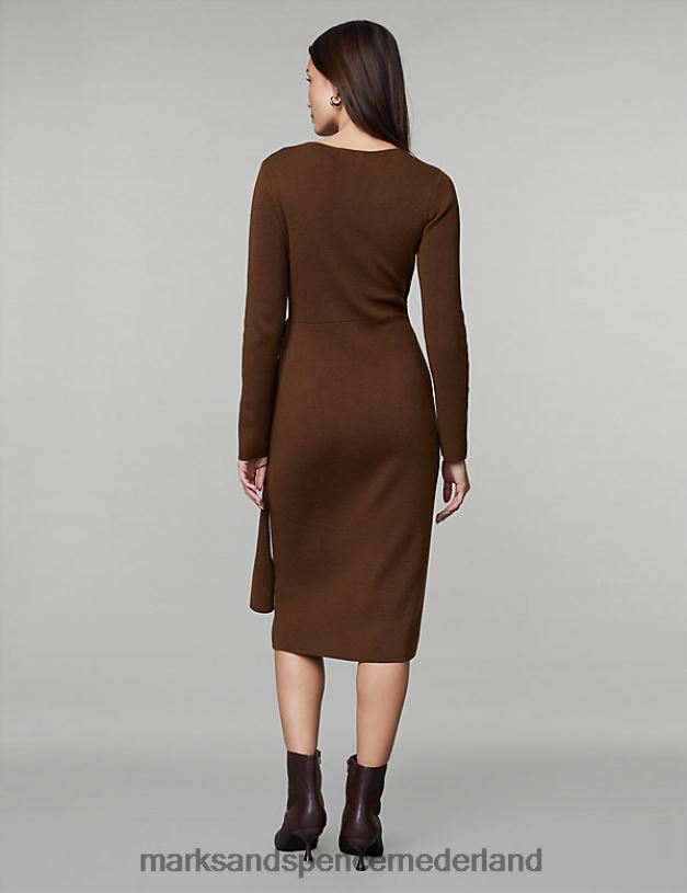 Marks & Spencer vrouwen Gebreide midi-jurk met v-hals van pure merinowol kameel kleding N8VZP1035