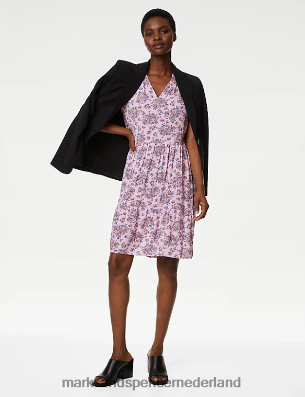 Marks & Spencer vrouwen Gelaagde jurk met V-hals en knielengte met print roze mix kleding N8VZP428