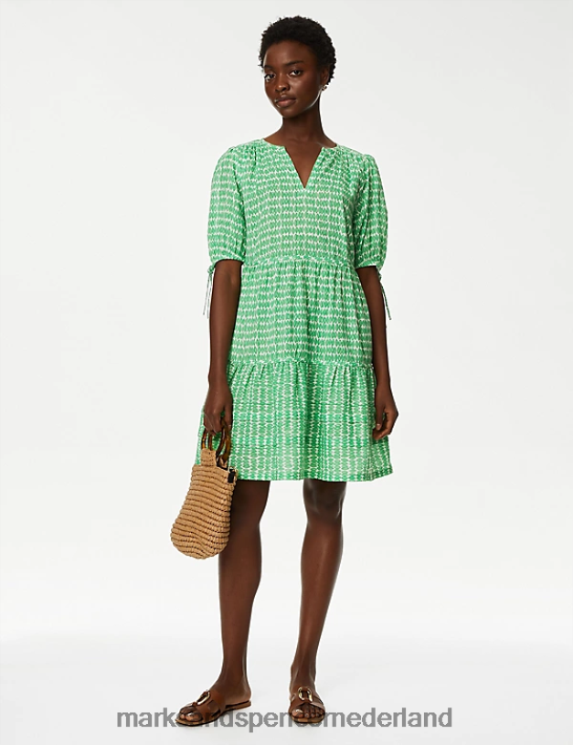 Marks & Spencer vrouwen Gelaagde jurk van zuiver katoen met print groene mix kleding N8VZP1967